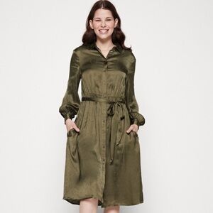Silky olive button up shirt dress